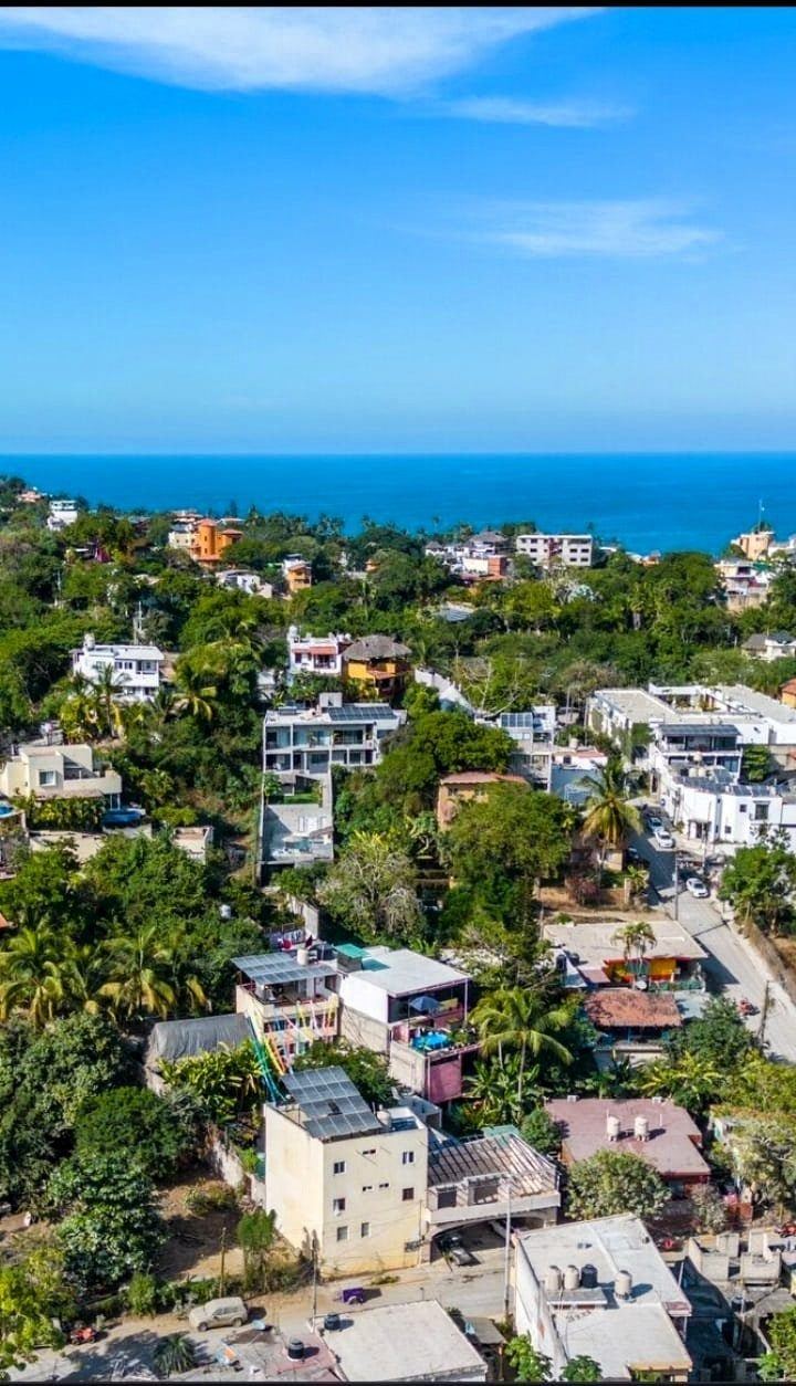 Sayulita from the hill, rooftops and palms running down to the Pacific